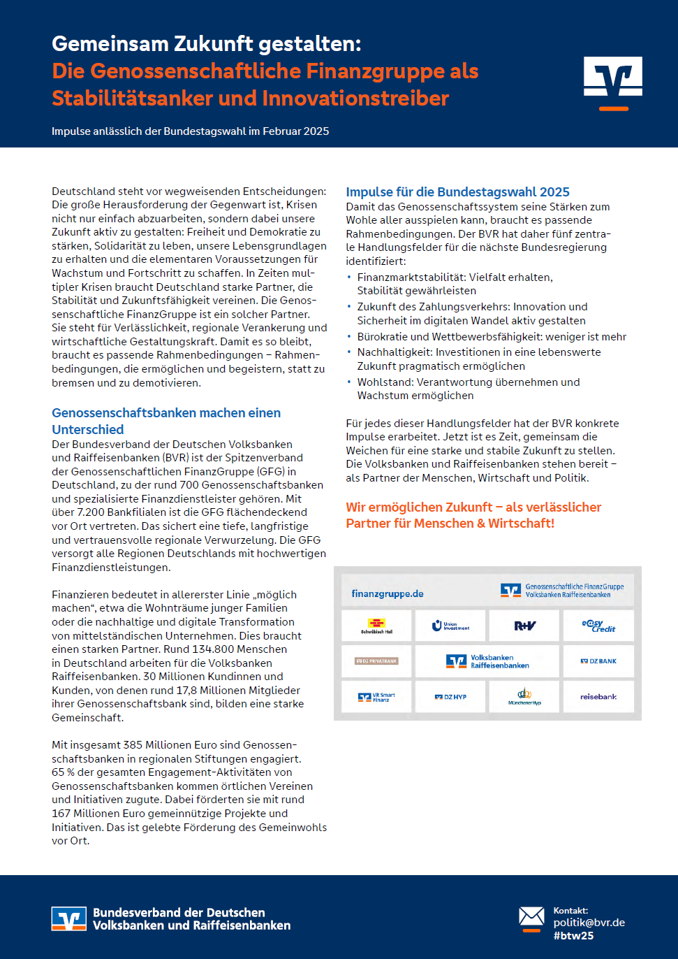 Impulse zur Bundestagswahl 2025 - Gemeinsam Zukunft gestalten: Die Genossenschaftliche Finanzgruppe als Stabilitätsanker und Innovationstreiber